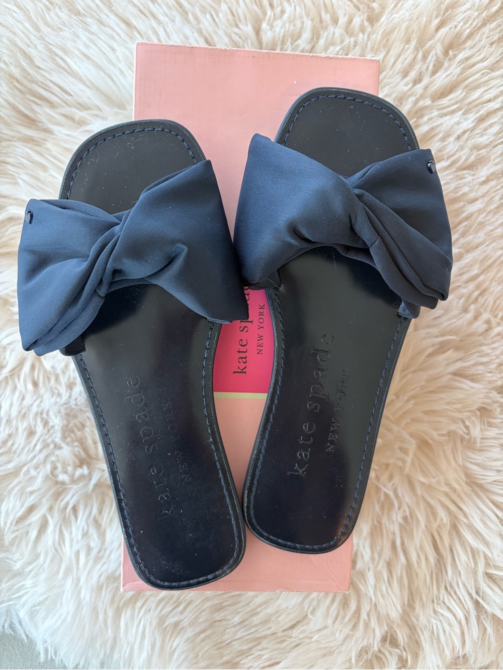 kate spade Navy Bow Slide Sandals with Black Footbed